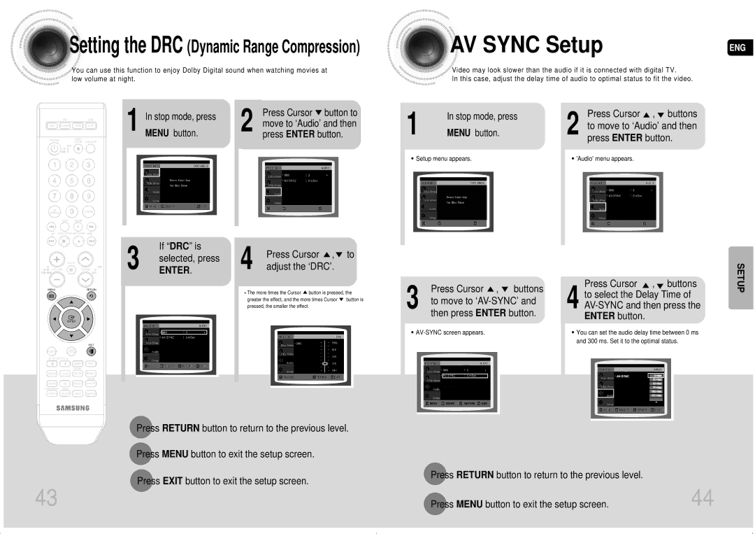 Samsung MAX-DA55T/UMG, MAX-DA54T/HAC, MAX-DA54T/MEA, MAX-DA54T/FMC, MAX-DA54T/SAH, MAX-DA55T/FMC manual AV Sync Setup, Enter 