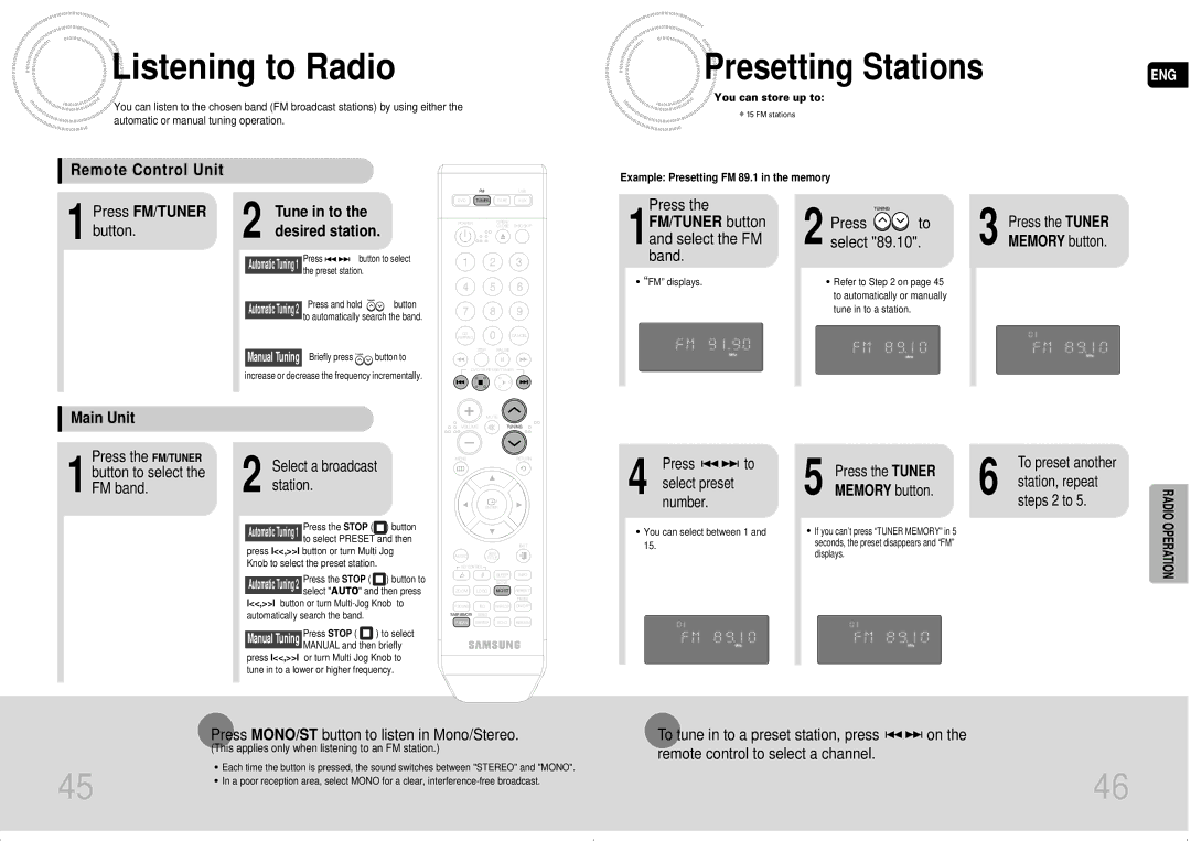 Samsung MAX-DA55T/HAC, MAX-DA54T/HAC, MAX-DA54T/MEA, MAX-DA54T/FMC, MAX-DA54T/SAH Listening to Radio, Presetting Stations 