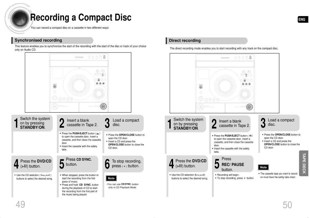 Samsung MAX-DA55T/SAH, MAX-DA54T/HAC, MAX-DA54T/MEA, MAX-DA54T/FMC, MAX-DA54T/SAH manual Recording a Compact Disc, REC/ Pause 