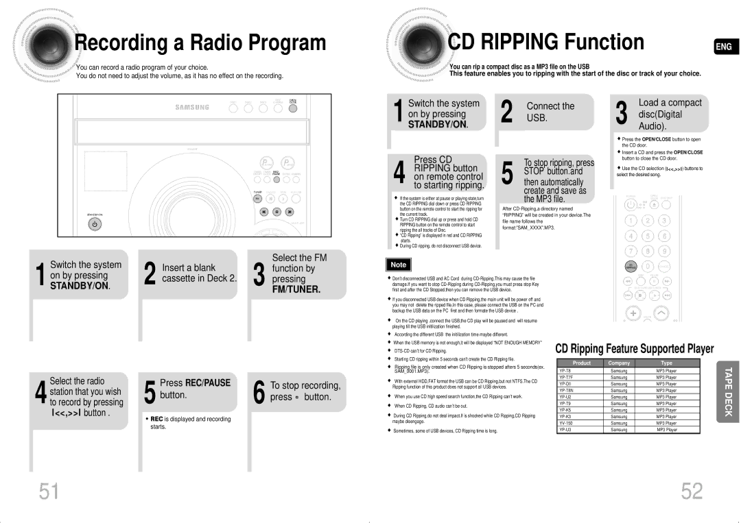 Samsung MAX-DA54T/HAC, MAX-DA54T/MEA manual Recording a Radio Program, Fm/Tuner, CD Ripping Feature Supported Player 