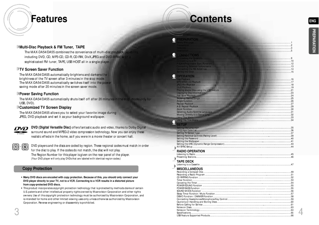 Samsung MAX-DA54T/SAH, MAX-DA54T/HAC, MAX-DA54T/MEA, MAX-DA54T/FMC, MAX-DA55T/FMC, MAX-DA55T/UMG, MAX-DA55T/HAC manual Contents 