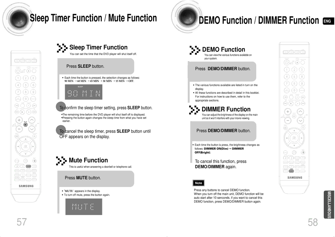 Samsung MAX-DA54T/SAH manual Sleep Timer Function, Demo Function, Dimmer Function, Mute Function, DEMO/DIMMER again 