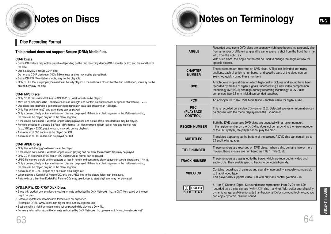 Samsung MAX-DA55T/HAC, MAX-DA54T/HAC manual Disc Recording Format, This product does not support Secure DRM Media files 