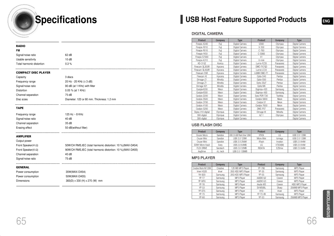 Samsung MAX-DA55T/MEA, MAX-DA54T/HAC, MAX-DA54T/MEA, MAX-DA54T/FMC, MAX-DA54T/SAH, MAX-DA55T/FMC, MAX-DA55T/UMG Specifications 