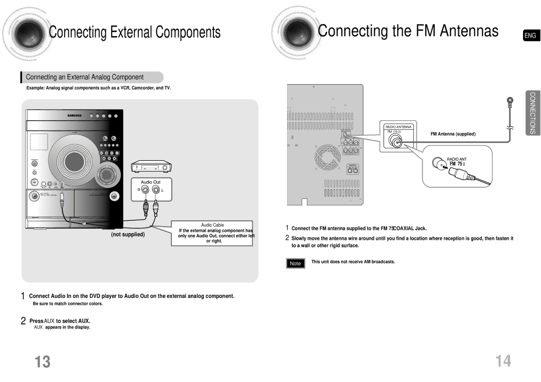 Samsung MAX-DA55T/SAH Connecting the FM Antennas ENG, Connecting an External Analog Component, Press AUX to select AUX 