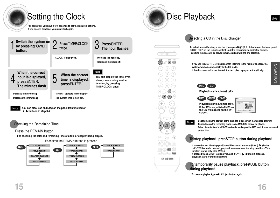 Samsung MAX-DA54T/HAC, MAX-DA54T/MEA, MAX-DA54T/FMC Setting the Clock, Disc Playback, Selecting a CD in the Disc changer 