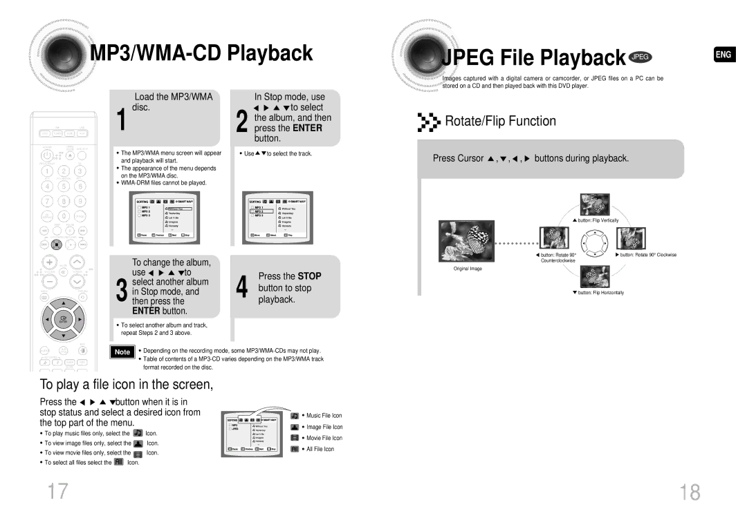 Samsung MAX-DA55T/FMC manual MP3/WMA-CD Playback Jpeg File Playback Jpeg, Press Cursor , , , buttons during playback 