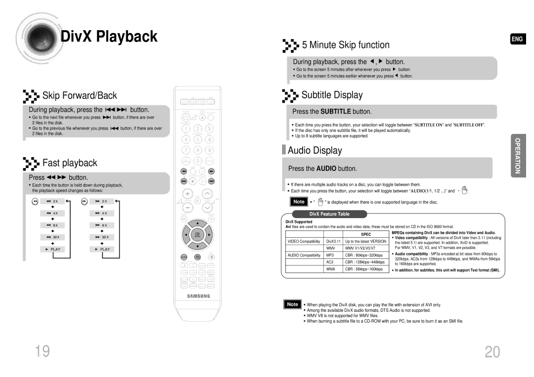 Samsung MAX-DA55T/UMG, MAX-DA55T/FMC, MAX-DA55T/HAC, MAX-DA55T/MEA, MAX-DA55T/SAH manual DivX Playback 