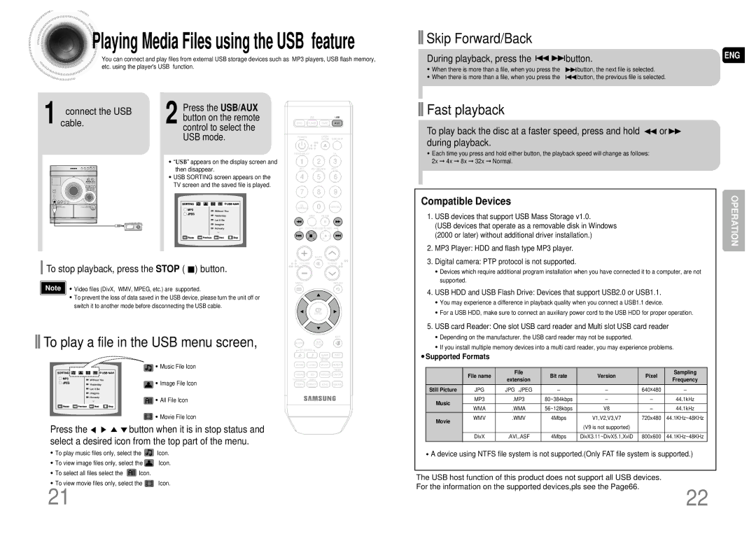 Samsung MAX-DA55T/HAC manual Playing Media Files using the USB feature, Playback, press Button, Cable.connect the USB 