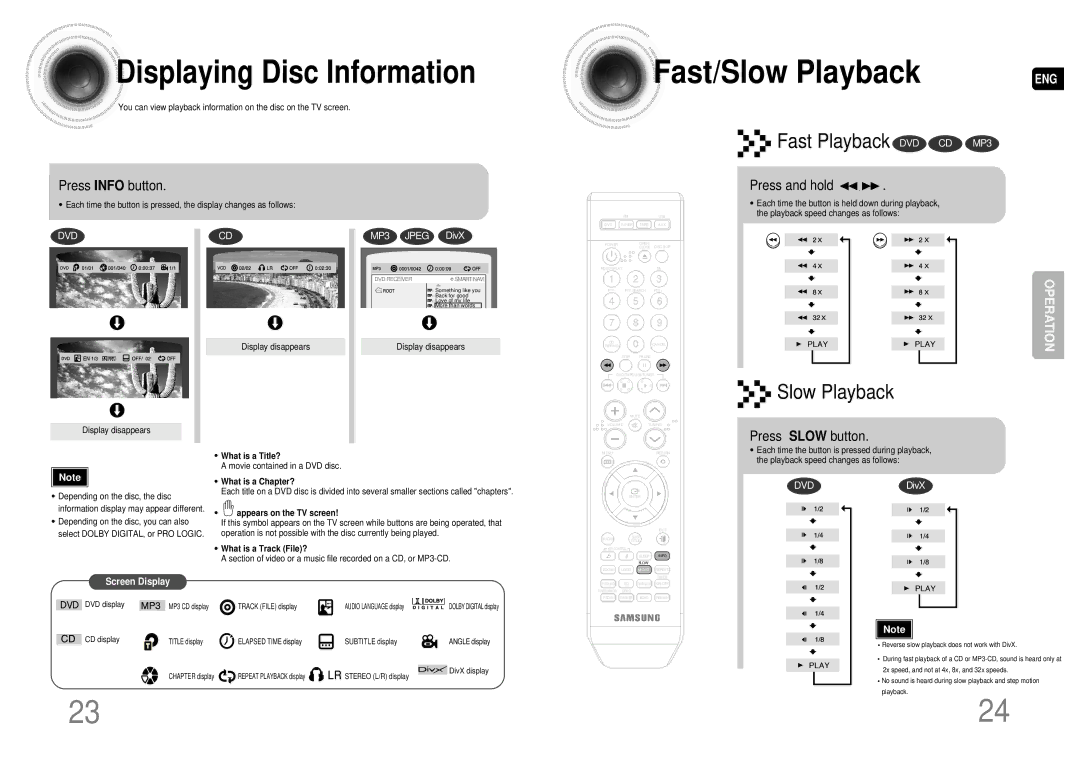 Samsung MAX-DA55T/MEA, MAX-DA55T/FMC Displaying Disc Information, Press Info button, Press and hold, Press Slow button 