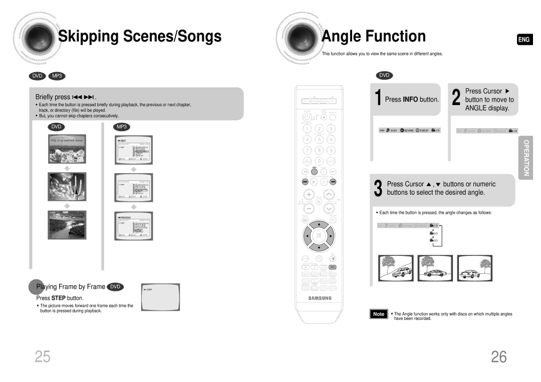 Samsung MAX-DA55T/SAH, MAX-DA55T/FMC manual Skipping Scenes/Songs, Briefly press, Press Cursor, Playing Frame by Frame DVD 