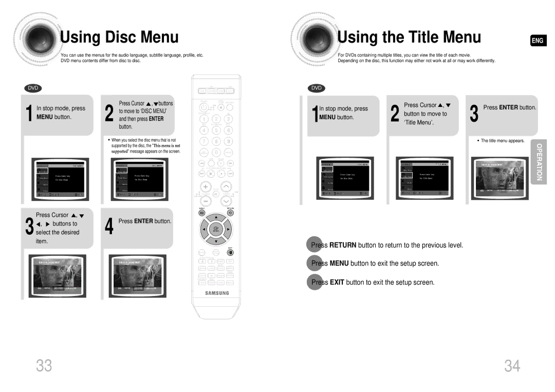 Samsung MAX-DA55T/MEA, MAX-DA55T/FMC, MAX-DA55T/UMG manual Using Disc Menu, To move to ‘DISC MENU’, Then press Enter, Button 