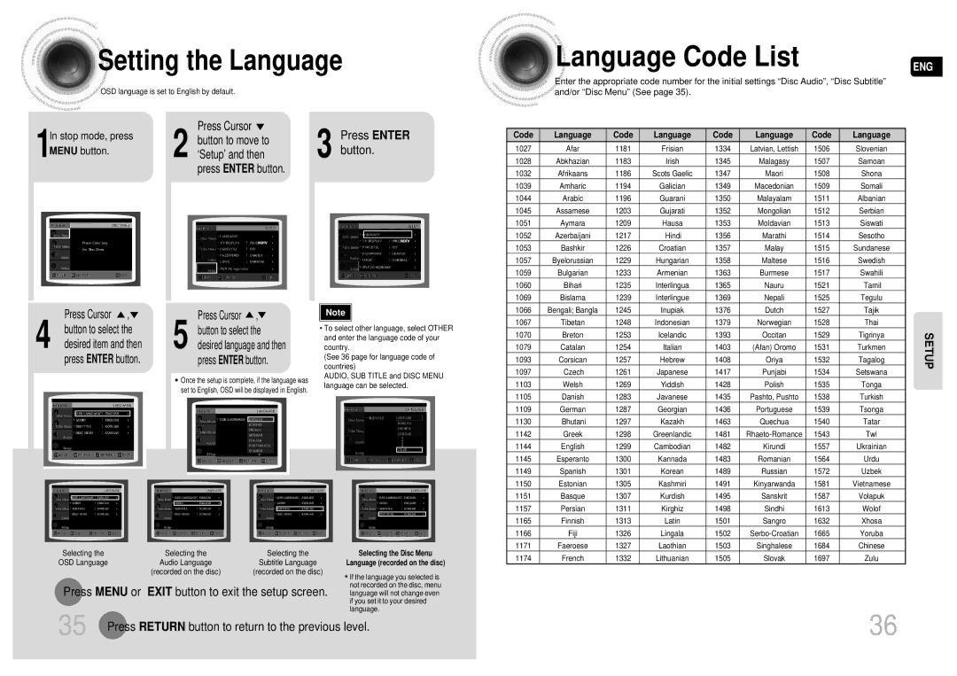 Samsung MAX-DA55T/SAH manual Language Code List, Setting the Language, Press Menu or Exit button to exit the setup screen 