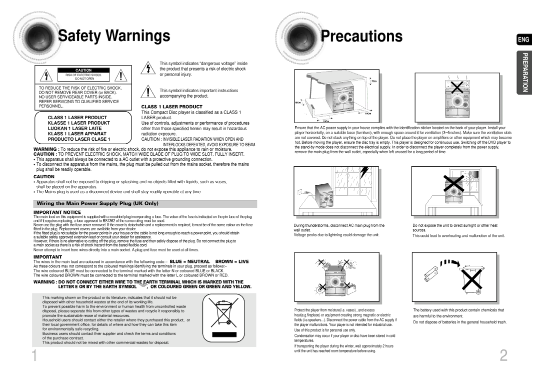 Samsung MAX-DA55T/HAC, MAX-DA55T/FMC, MAX-DA55T/UMG, MAX-DA55T/MEA, MAX-DA55T/SAH manual Safety Warnings, Precautions 