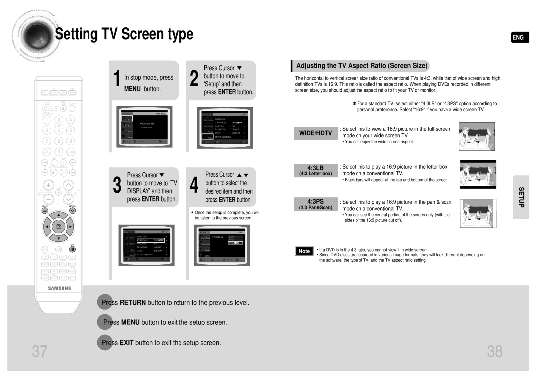 Samsung MAX-DA55T/FMC, MAX-DA55T/UMG manual Adjusting the TV Aspect Ratio Screen Size, Stop mode, press, Menu button 