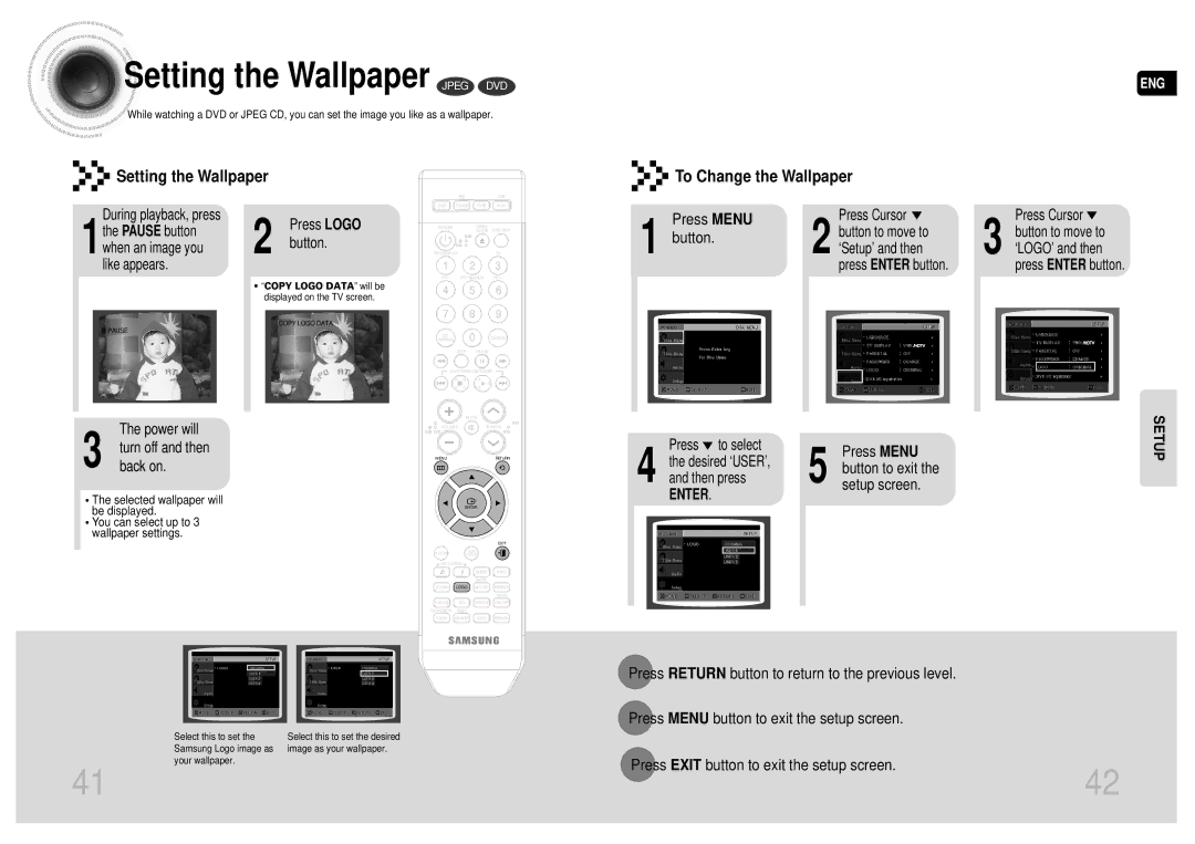 Samsung MAX-DA55T/HAC, MAX-DA55T/FMC, MAX-DA55T/UMG, MAX-DA55T/MEA, MAX-DA55T/SAH Setting the Wallpaper Jpeg DVD, Press Menu 