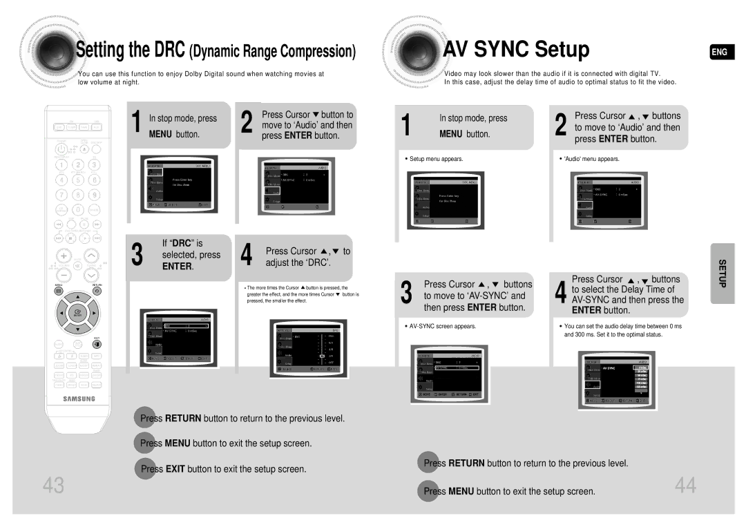 Samsung MAX-DA55T/MEA manual AV Sync Setup, Press Cursor Buttons To move to ‘Audio’ and then, If DRC is, Selected, press 