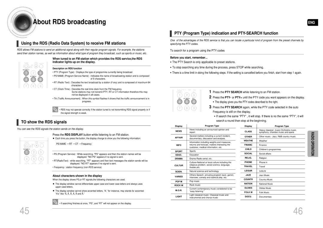 Samsung MAX-DA55T/SAH, MAX-DA55T/FMC manual Using the RDS Radio Data System to receive FM stations, To show the RDS signals 