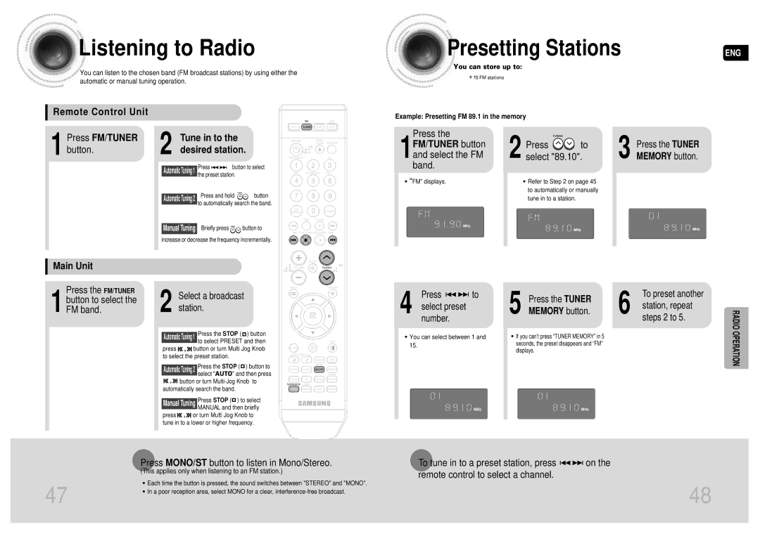 Samsung MAX-DA55T/FMC, MAX-DA55T/UMG, MAX-DA55T/HAC, MAX-DA55T/MEA, MAX-DA55T/SAH Listening to Radio, Presetting Stations 