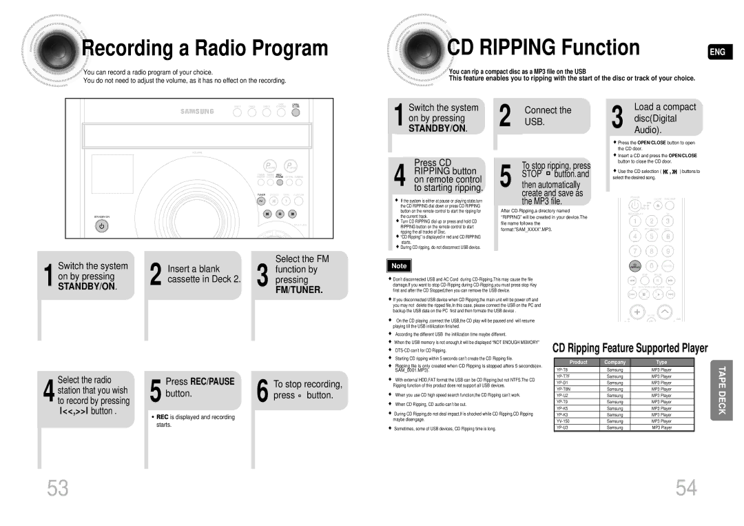 Samsung MAX-DA55T/MEA, MAX-DA55T/FMC, MAX-DA55T/UMG manual Recording a Radio Program, CD Ripping Feature Supported Player 