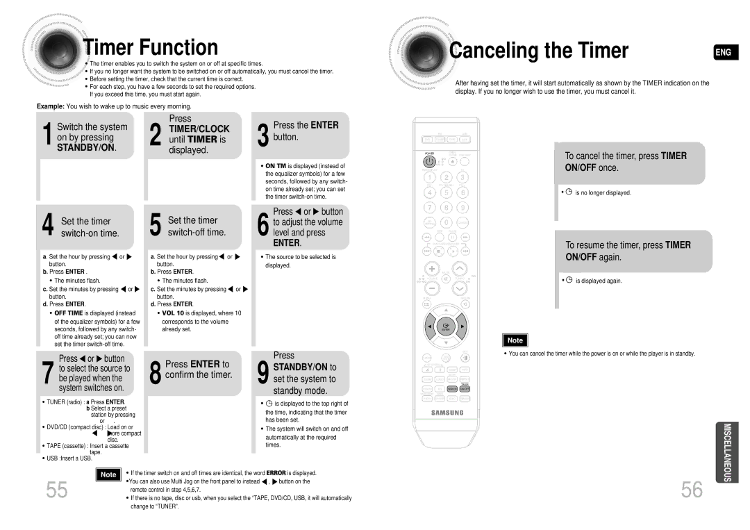 Samsung MAX-DA55T/SAH, MAX-DA55T/FMC manual Timer Function, Canceling the Timer, TIMER/CLOCK until Timer is displayed 