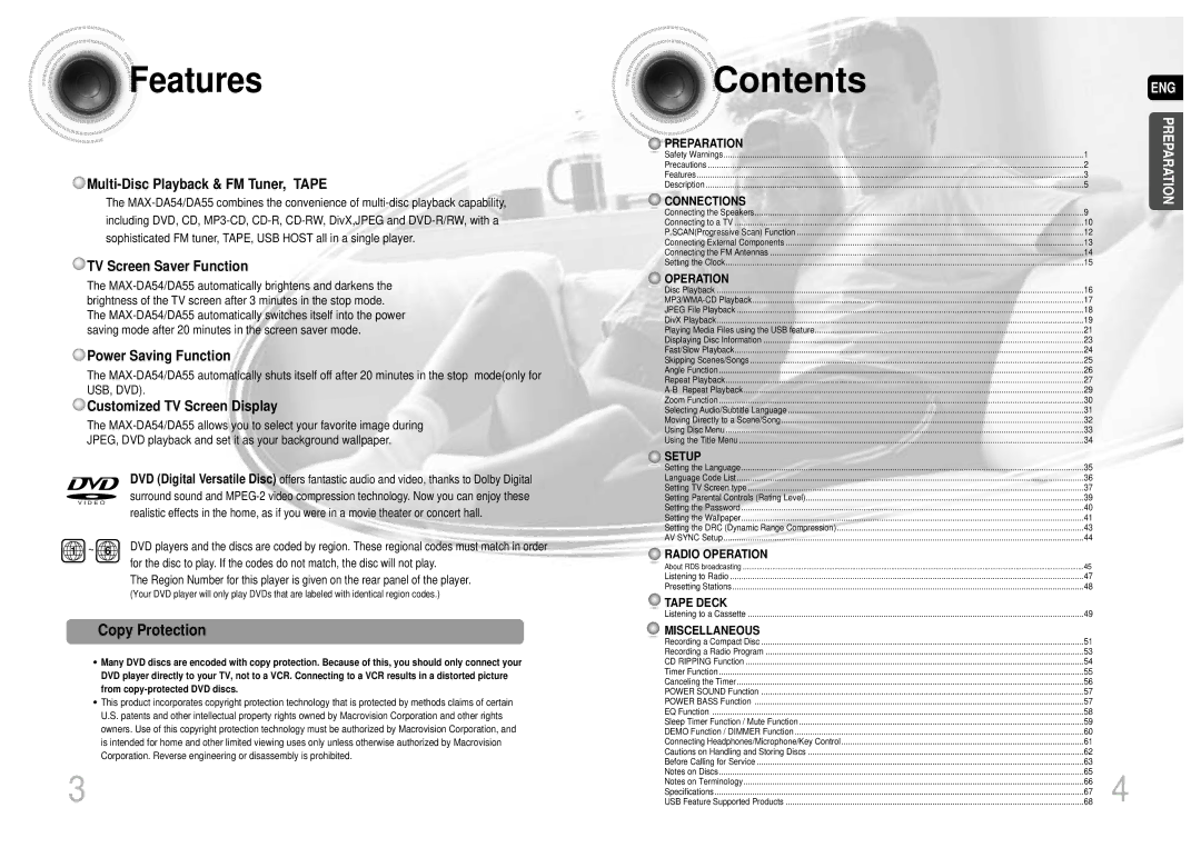 Samsung MAX-DA55T/MEA, MAX-DA55T/FMC, MAX-DA55T/UMG, MAX-DA55T/HAC, MAX-DA55T/SAH manual Contents 