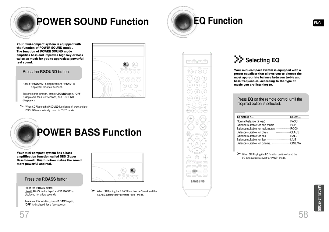 Samsung MAX-DA55T/FMC, MAX-DA55T/UMG manual EQ Function, Selecting EQ, Press the P.SOUND button, Press the P.BASS button 