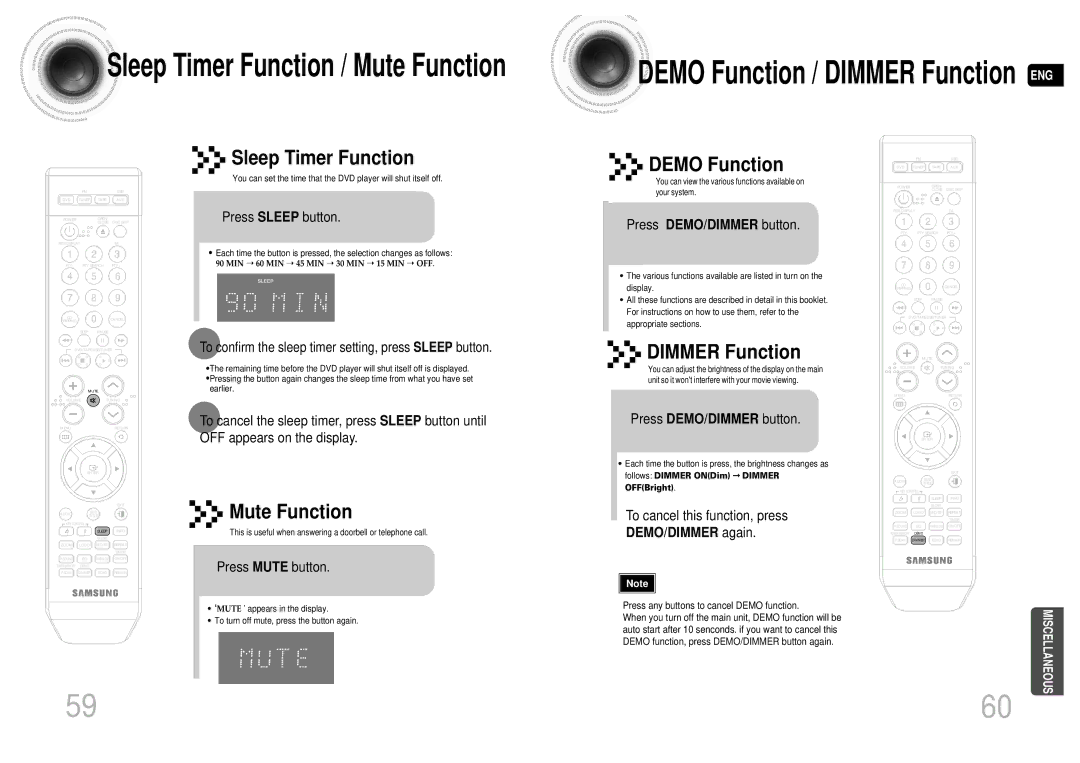 Samsung MAX-DA55T/UMG manual Sleep Timer Function, Demo Function, Dimmer Function, Mute Function, DEMO/DIMMER again 