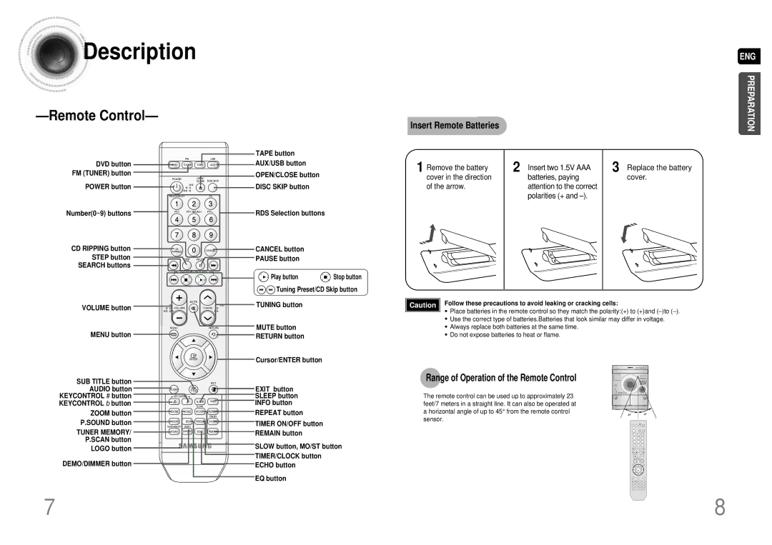 Samsung MAX-DA55T/FMC, MAX-DA55T/UMG, MAX-DA55T/HAC Insert Remote Batteries, Range of Operation of the Remote Control 