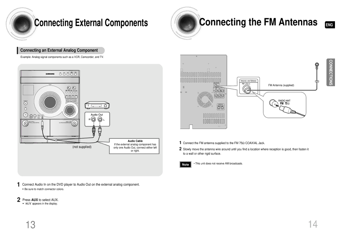 Samsung MAX-DA55T/MEA, MAX-DA55T/FMC, MAX-DA55T/UMG, MAX-DA55T/HAC Connecting the FM Antennas ENG, Press AUX to select AUX 