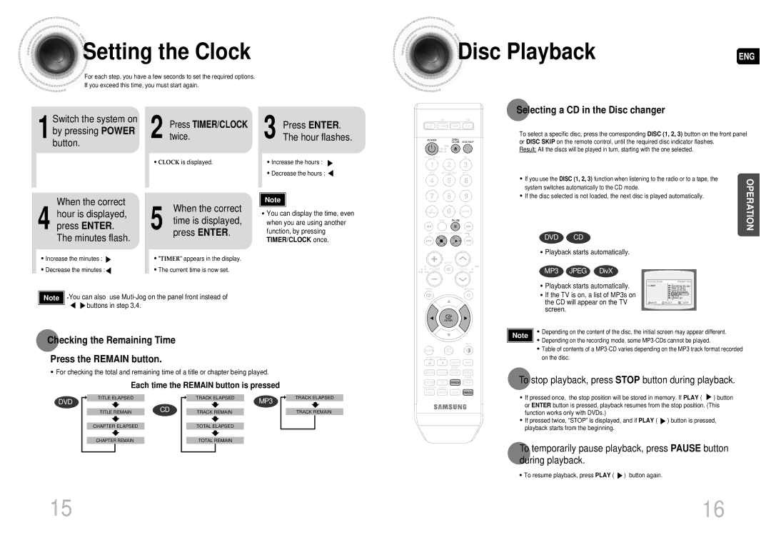 Samsung MAX-DA55T/SAH, MAX-DA55T/FMC, MAX-DA55T/UMG, MAX-DA55T/HAC Setting the Clock, Selecting a CD in the Disc changer 