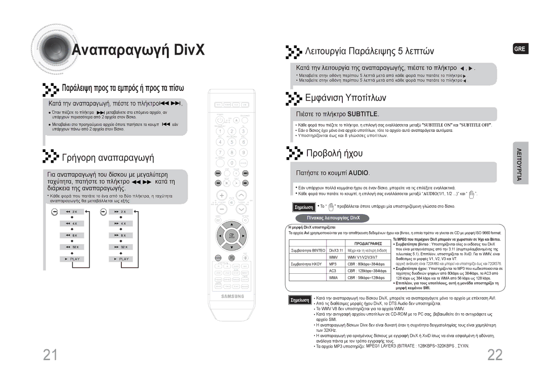 Samsung MAX-DA66R/EDC manual Αναπαραγωγή DivX, Γρήγορη αναπαραγωγή, Εμφάνιση Υποτίτλων, Πατήστε το κουμπί Audio 