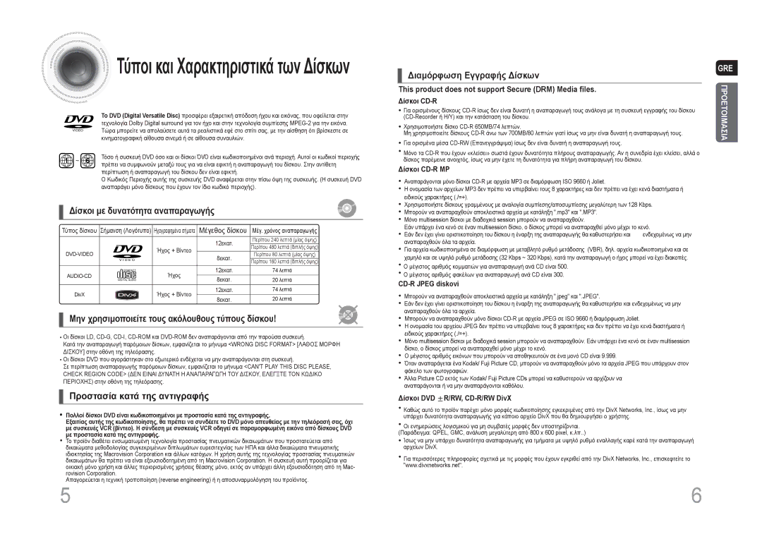 Samsung MAX-DA66R/EDC manual Δίσκοι με δυνατότητα αναπαραγωγής, Μην χρησιμοποιείτε τους ακόλουθους τύπους δίσκου 