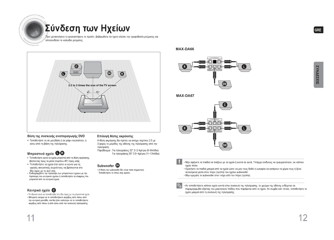 Samsung MAX-DA66R/EDC manual Σύνδεση των Ηχείων, Μπροστινό ηχεία L R, Subwoofer SW, Κεντρικό ηχείο C 