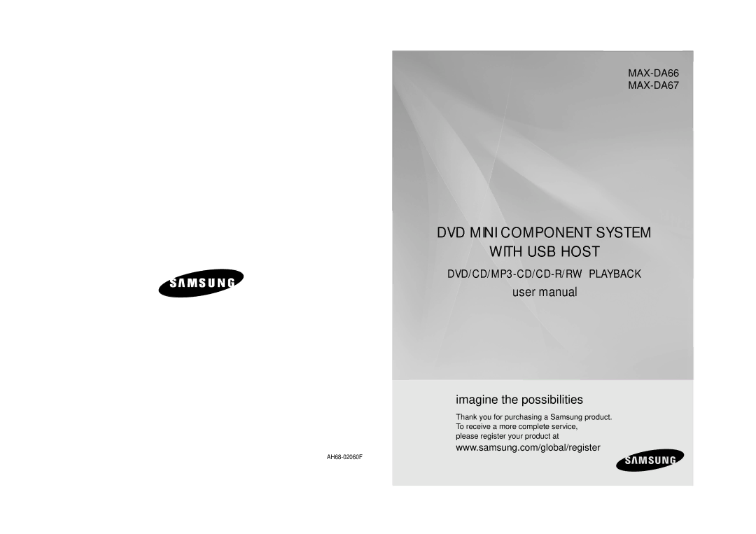 Samsung MAX-DA66R/EDC manual DVD Mini Component System With USB Host, AH68-02060F 