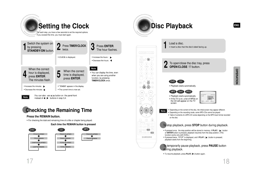 Samsung MAX-DA66R/EDC manual Setting the Clock, OPEN/CLOSE button, Press the Remain button 