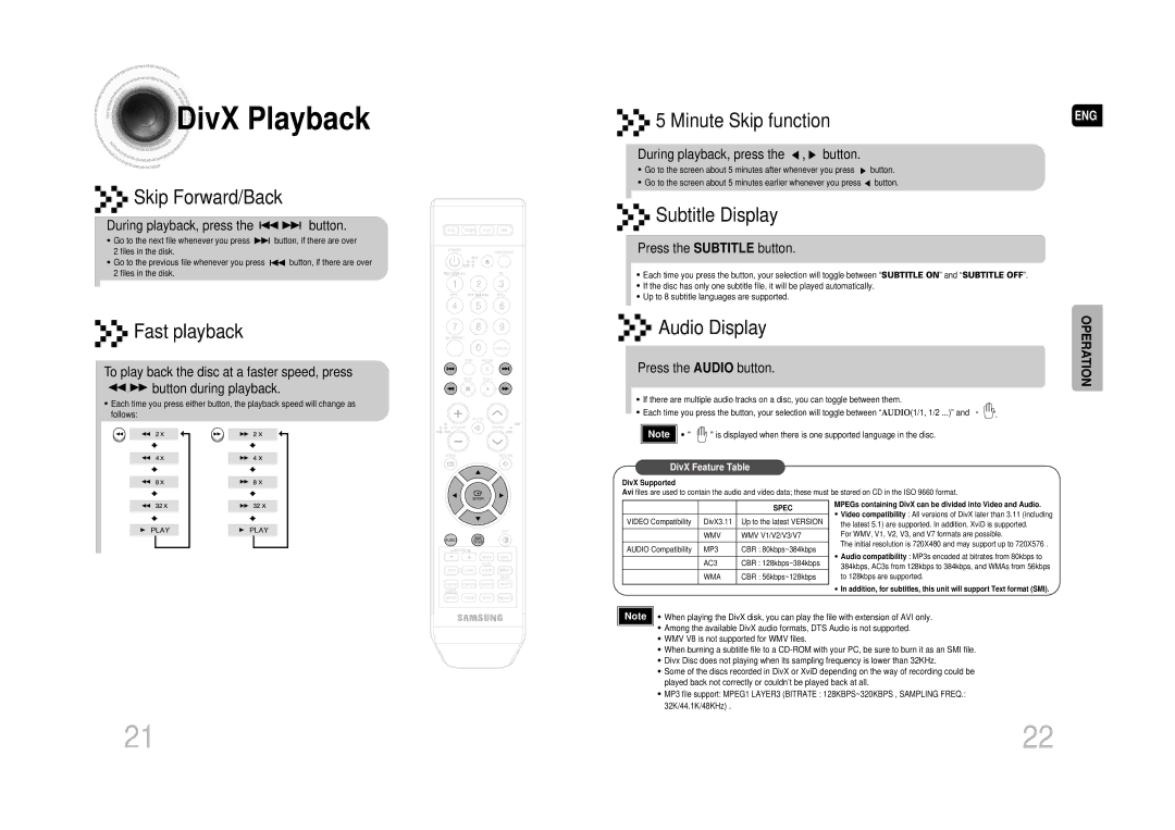 Samsung MAX-DA66R/EDC manual DivX Playback, Skip Forward/Back, Fast playback, Subtitle Display, Audio Display 