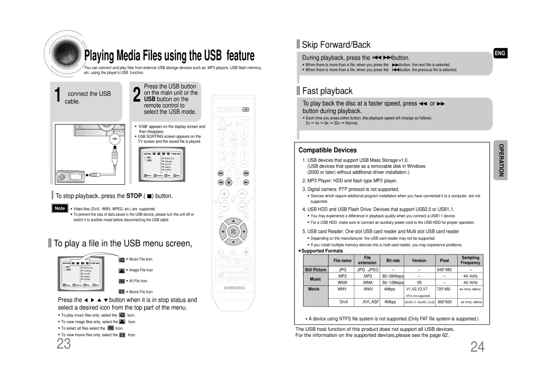 Samsung MAX-DA66R/EDC manual To play a file in the USB menu screen, Playback, press Button, Cable.connect the USB 