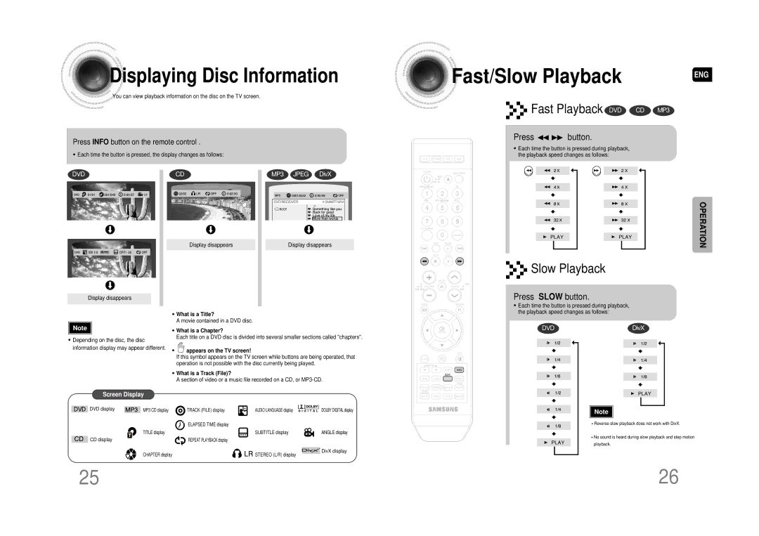 Samsung MAX-DA66R/EDC manual Displaying Disc Information, Fast Playback DVD CD MP3, Slow Playback, Press button 