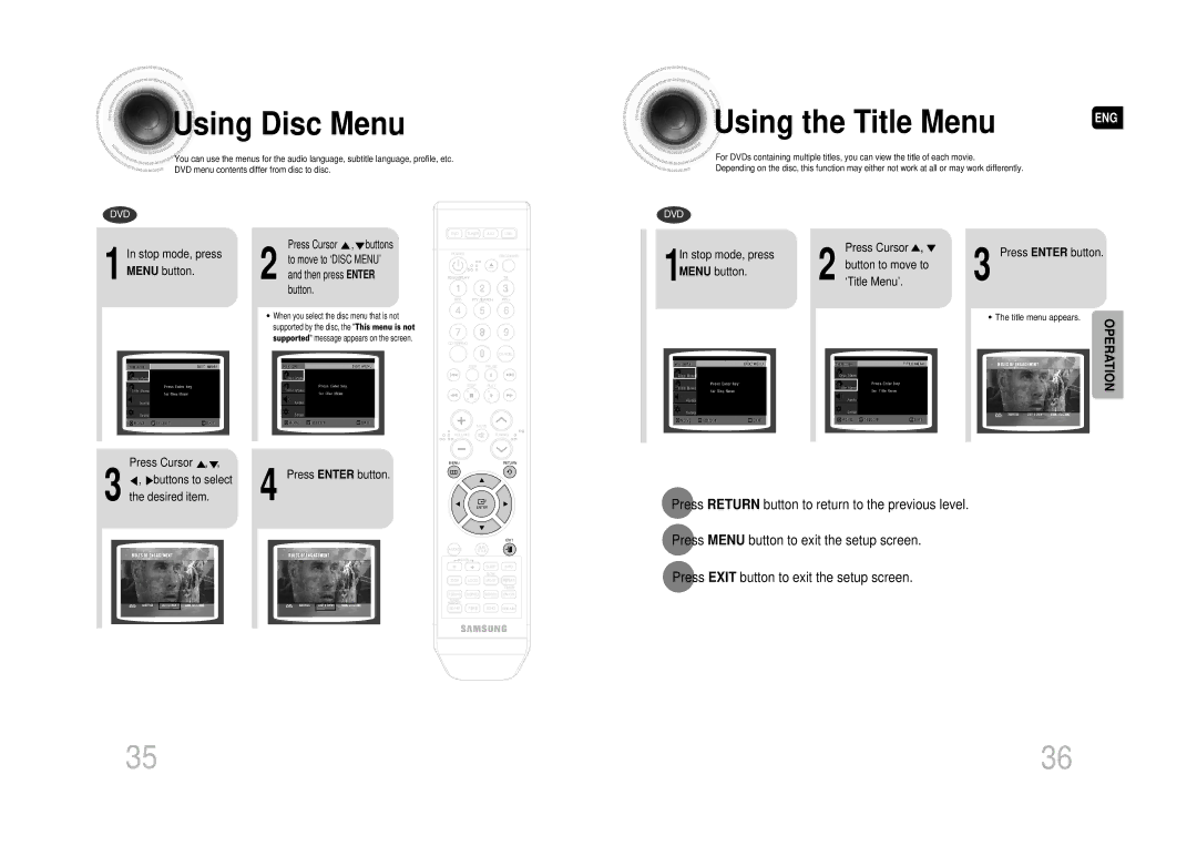 Samsung MAX-DA66R/EDC manual Using Disc Menu, To move to ‘DISC MENU’, Then press Enter, Button, Title menu appears 