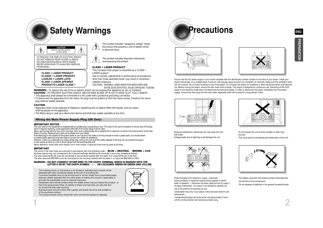 Samsung MAX-DA66R/EDC manual Safety Warnings PrecautionsENG, Class 1 Laser Product 