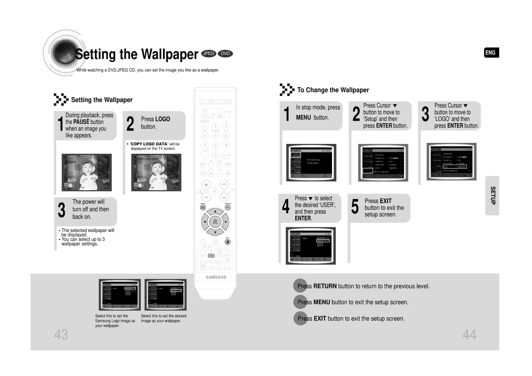 Samsung MAX-DA66R/EDC manual Setting the Wallpaper Jpeg DVD, Select this to set 