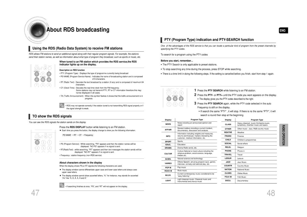 Samsung MAX-DA66R/EDC manual Using the RDS Radio Data System to receive FM stations, To show the RDS signals 