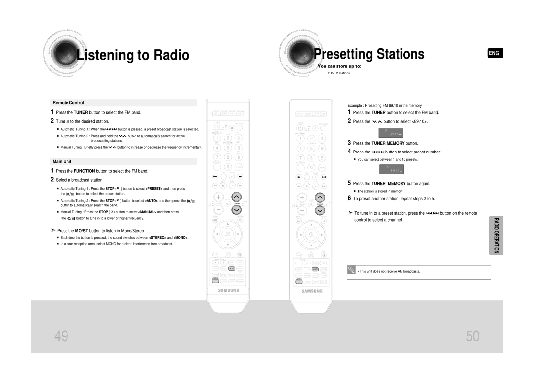 Samsung MAX-DA66R/EDC manual Listening to Radio, Presetting Stations, Remote Control, Main Unit 