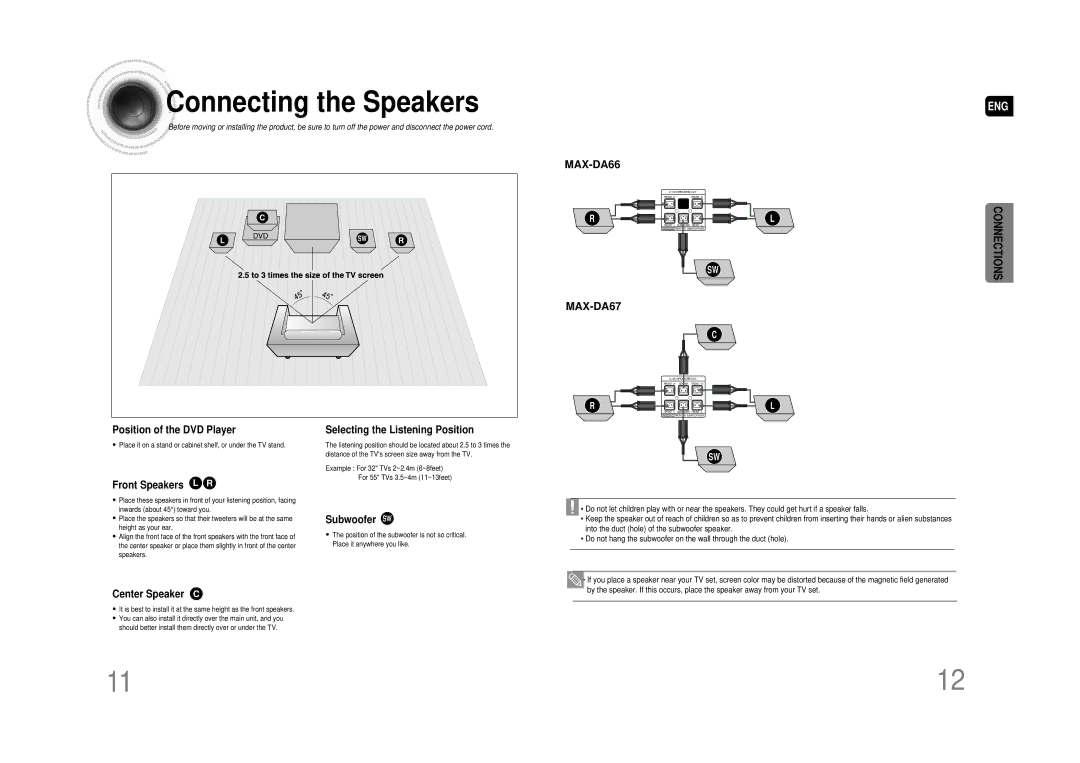 Samsung MAX-DA66R/EDC manual Connecting the Speakers 