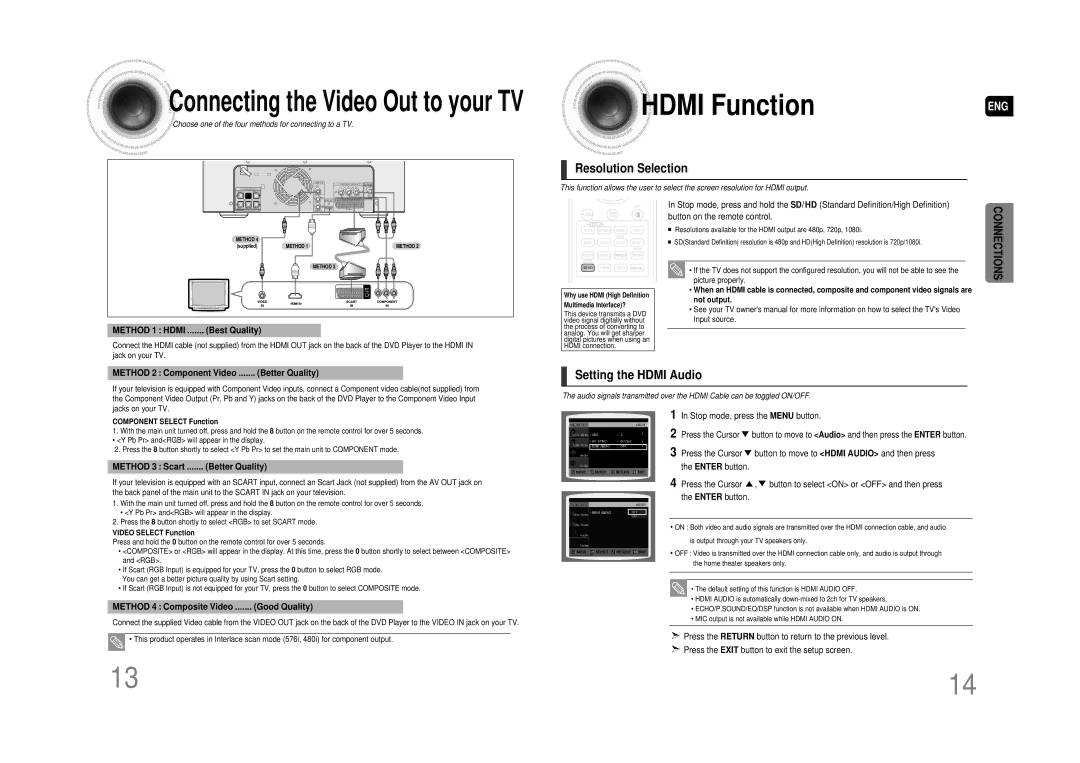 Samsung MAX-DA66R/EDC manual Hdmi Function, Resolution Selection, Setting the Hdmi Audio 