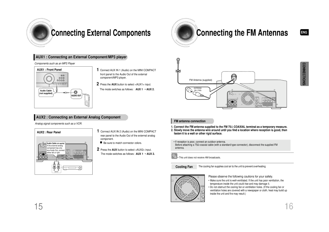 Samsung MAX-DA66R/EDC manual AUX1 Connecting an External Component/MP3 player, AUX2 Connecting an External Analog Component 