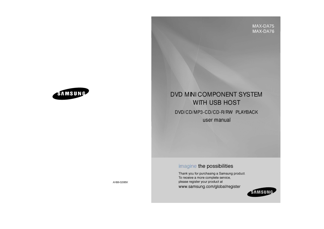 Samsung MAX-DA76T/MEA, MAX-DA76T/FMC, MAX-DA75T/HAC manual DVD Mini Component System With USB Host, AH68-02065K 