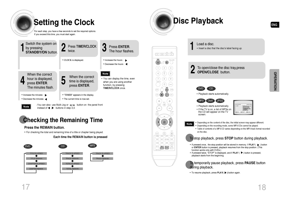 Samsung MAX-DA79T/MEA, MAX-DA76T/FMC, MAX-DA76T/MEA, MAX-DA75T/HAC, MAX-DA76T/HAC manual Setting the Clock, Disc Playback 