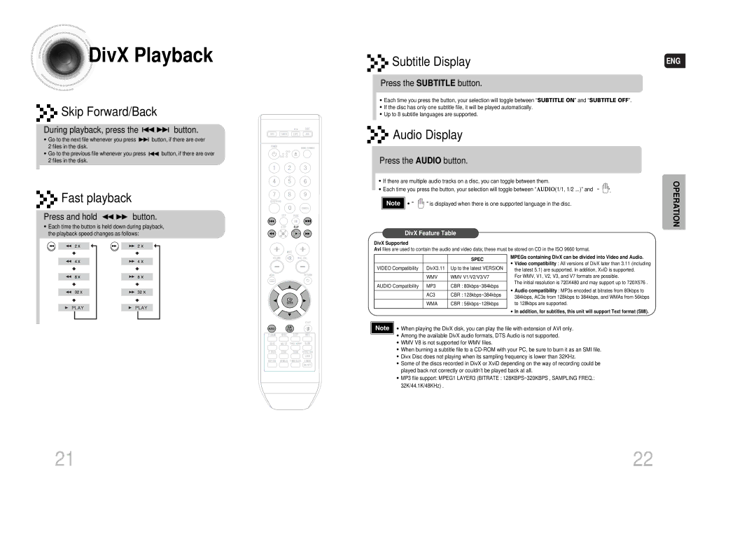 Samsung MAX-DA76T/FMC, MAX-DA76T/MEA, MAX-DA75T/HAC manual DivX Playback, Skip Forward/Back, Fast playback, Audio Display 